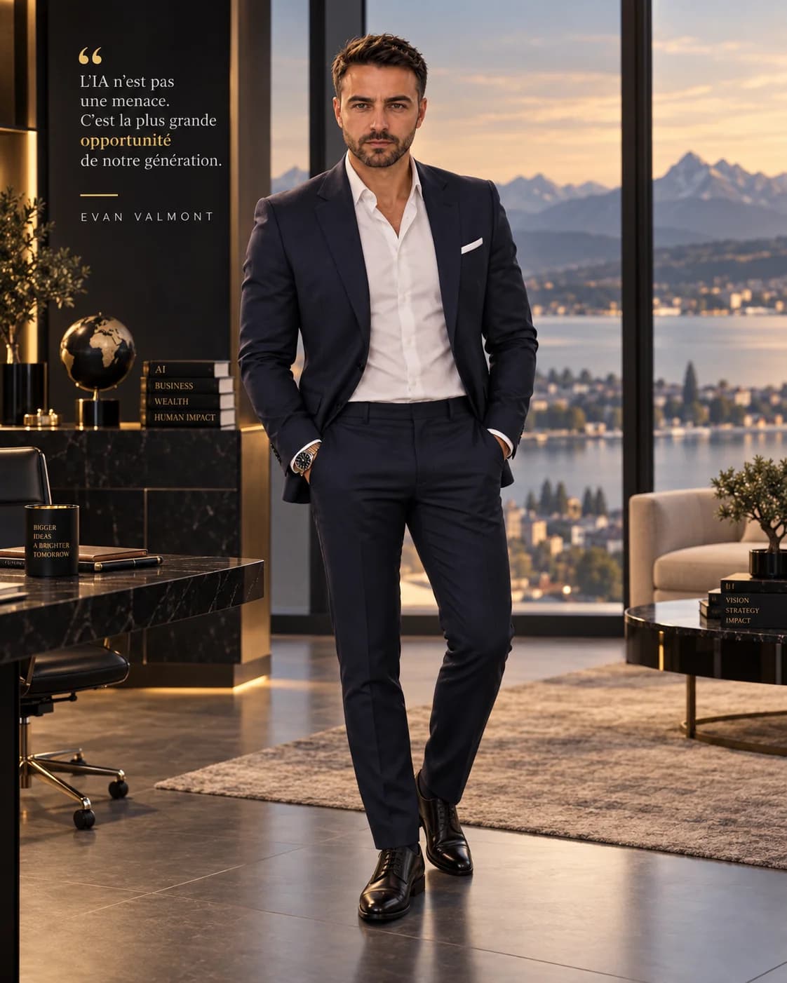 Evan Valmont dans un bureau face aux Alpes