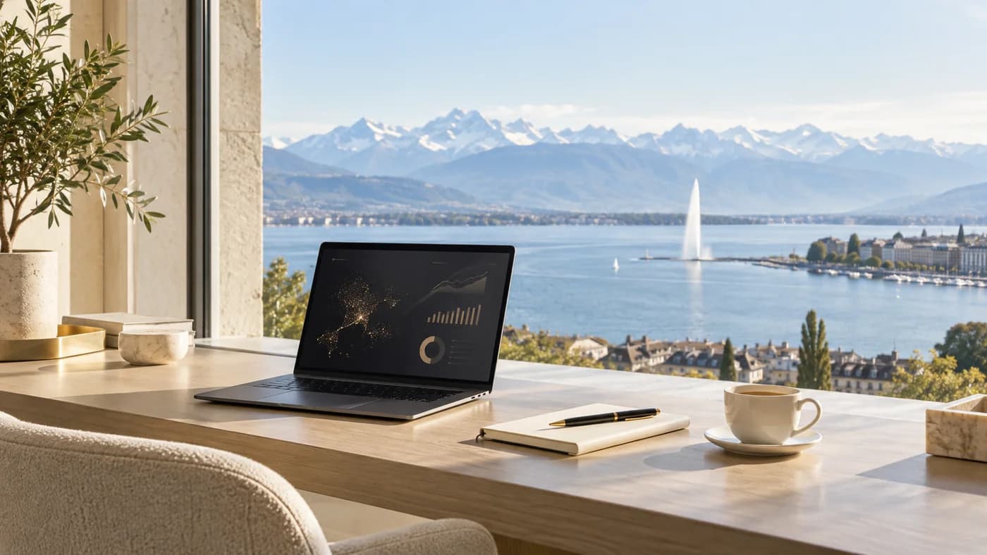 Un bureau face au lac Léman et aux montagnes