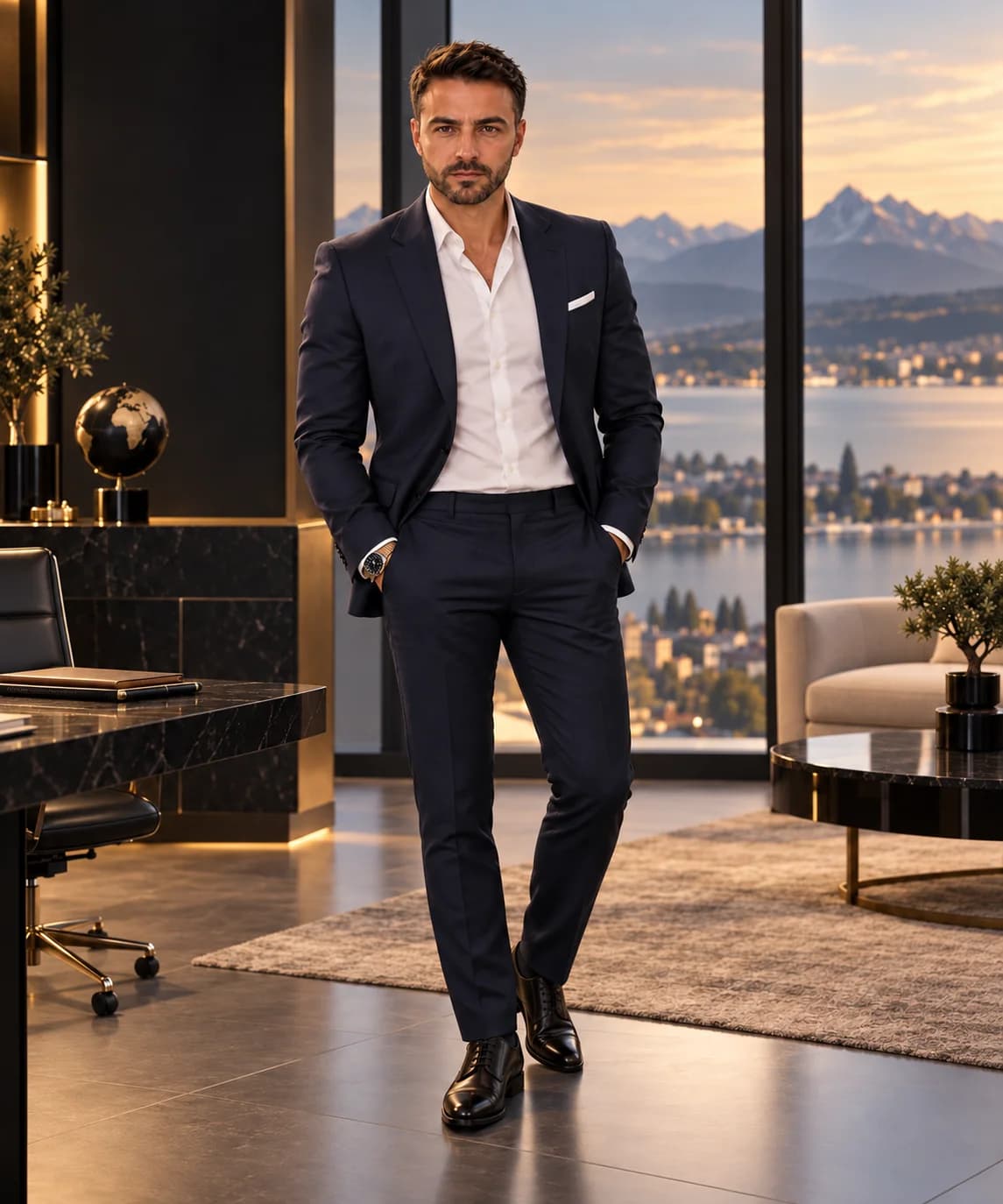 Evan Valmont face au lac Léman dans son bureau